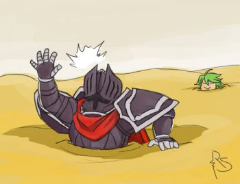 Rule 34 | 2boys, armor, black knight (fire emblem), closed eyes, commentary, desert, english commentary, fire emblem, fire emblem: path of radiance, green hair, helmet, male focus, multiple boys, nintendo, outdoors, risingsunfish, sand, sinking, stefan (fire emblem)