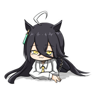 1girl :3 ahoge animal_ears black_choker black_hair black_pantyhose black_skirt chibi chibi_only choker closed_mouth collared_shirt earrings hair_between_eyes highres horse_ears horse_girl horse_tail jewelry long_bangs long_hair long_hair_between_eyes long_sleeves looking_at_viewer lying magnoliko manhattan_cafe_(umamusume) multicolored_hair necktie pantyhose shirt single_earring skirt smile solo tail umamusume very_long_hair white_hair white_shirt yellow_eyes yellow_necktie