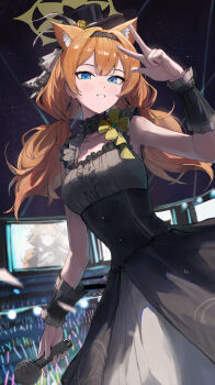 1girl absurdres animal_ear_fluff animal_ears black_hairband black_hat black_skirt blue_archive blue_eyes blush cat_ears cat_girl center_frills earrings extra_ears flower frills grey_shirt grin hairband halo hat hat_feather hat_flower highres jewelry jianjia low_twintails mari_(blue_archive) mari_(idol)_(blue_archive) official_alternate_costume official_alternate_hairstyle orange_hair ribbon shirt sidelocks skirt sleeveless sleeveless_shirt smile solo stage twintails w wrist_cuffs yellow_flower yellow_halo yellow_ribbon
