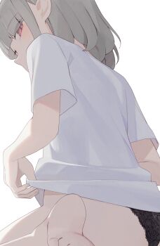 1girl barefoot black_panties commentary_request from_behind grey_hair highres hiroki_(yyqw7151) lace lace_panties looking_at_viewer looking_back no_pants original panties partial_commentary pointy_ears shirt short_sleeves simple_background soles solo underwear white_background white_shirt