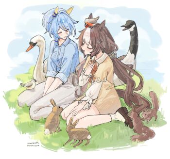 Rule 34 | 2girls, animal, animal ears, animal on head, bird, bird on head, blue hair, blue shirt, blush, breasts, brown coat, brown hair, casual, closed eyes, coat, collared shirt, commentary request, ear covers, goose, hair between eyes, highres, horse ears, horse girl, horse tail, k.s.miracle (casual) (umamusume), k.s.miracle (umamusume), long hair, long sleeves, low twintails, multicolored hair, multiple girls, neck ribbon, on head, open mouth, pants, rabbit, ribbon, saramiao-chan, shirt, short hair, smile, squirrel, swan, tail, twintails, umamusume, very long hair, white hair, white pants, yamanin zephyr (casual) (umamusume), yamanin zephyr (umamusume)