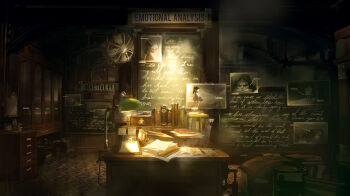 artist_self-reference ben_lo binder bioshock bioshock_(series) bioshock_infinite book book_stack box cardboard_box chalkboard character_request clipboard cursive dim_lighting drawer electric_fan elizabeth_tower english_text indoors lamp messy_room mirror no_humans painterly paper photo_(object) scenery spotlight tape wooden_stool