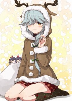 Rule 34 | 3girls, absurdres, animal hood, black socks, braid, brown coat, brown eyes, brown hood, coat, fujinami (kancolle), grey hair, hair over eyes, hamanami (christmas) (kancolle), hamanami (kancolle), hayanami (kancolle), highres, hood, kanmiya shinobu, kantai collection, long hair, mini person, minigirl, multiple girls, plaid clothes, plaid skirt, red skirt, reindeer hood, single braid, skirt, socks, solo focus