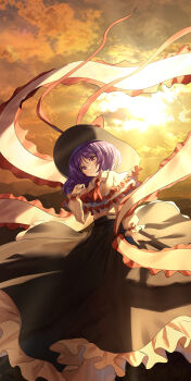 1girl absurdres ascot black_hat black_skirt bow closed_mouth cloud collared_shirt commentary evening frilled_shawl frilled_shirt frilled_shirt_collar frilled_skirt frills hagoromo hat hat_bow highres light_rays long_skirt long_sleeves looking_at_viewer medium_hair nagae_iku nettian51 purple_hair red_ascot red_bow red_eyes red_ribbon ribbon shawl shirt shirt_tucked_in skirt smile solo standing touhou white_shawl white_shirt