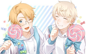 2boys ahoge america_(hetalia) artist_name axis_powers_hetalia bandaged_neck bandages blonde_hair blue_bow blue_eyes blue_vest blush border bow candy clenched_hand closed_eyes commentary_request food glasses grey-framed_eyewear hair_between_eyes hand_up hands_up harutoro_39487 highres holding holding_candy holding_food holding_lollipop hood hoodie lollipop long_sleeves male_focus matching_outfits multiple_boys one_eye_closed open_clothes open_mouth open_vest outside_border puffy_long_sleeves puffy_sleeves red_bow russia_(hetalia) semi-rimless_eyewear short_hair smile star_(symbol) star_print striped_background swirl_lollipop teeth upper_body vest white_background white_border white_hoodie