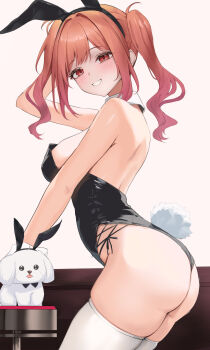 1girl animal_ears arm_up ass backless_leotard bare_shoulders blush breasts detached_collar dog facing_to_the_side fake_animal_ears fake_tail from_side grin haro_art highres hololive hololive_dev_is ichijou_ririka large_breasts leotard looking_at_viewer orange_hair playboy_bunny rabbit_ears rabbit_tail red_eyes red_hair smile solo stool tail thighhighs twintails virtual_youtuber wavy_hair white_thighhighs