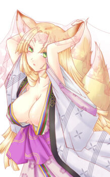 1girl animal_ears blonde_hair breasts cleavage fox_ears green_eyes hikimayu inari japanese_clothes kimono large_breasts loose_clothes multiple_tails omachi rance_(series) sengoku_rance tail underboob