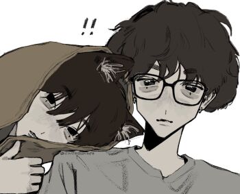 ! !! 2boys aegyo_sal animal_ears black_eyes boynextdoor brown_hair brown_hoodie cat_ears closed_mouth commentary dog_ears earrings empty_eyes fang fang_out floppy_ears fluffy_hair grey_shirt hair_between_eyes head_on_another's_shoulder hood hood_up hoodie jaehyun_(boynextdoor) jewelry jinjeocompote k-pop korean_commentary looking_at_viewer male_focus multiple_boys parted_lips portrait shirt short_eyebrows short_hair silver_earrings sungho_(boynextdoor) t-shirt twitter_username white_background