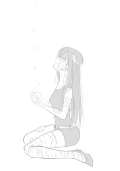 1girl bandage_on_face bandage_on_hair bandaged_arm bandaged_hand bandaged_leg bandages bare_legs belt crying d.gray-man disintegration fj81l flats highres holding_orb injury lenalee_lee long_hair looking_up puzzle_piece shorts sitting solo tank_top tears wariza