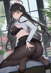 Rule 34 | 1girl, ass, black bra, black hair, black halo, black pantyhose, black skirt, blue archive, blush, bra, breasts, bright pupils, clothes lift, commentary request, feet, flower, glass door, hair ornament, hairclip, hairpin, halo, highres, hokori sakuni, indoors, lace, lace-trimmed bra, lace trim, large breasts, long hair, long sleeves, looking at viewer, looking back, miniskirt, no panties, no shoes, pantyhose, plant, potted plant, red eyes, red flower, red rose, rio (blue archive), rose, skirt, skirt lift, soles, sweater, sweater lift, underwear, watch, white pupils, white sweater