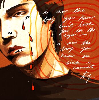 1boy black_eyes black_hair black_shirt blood bloodshot_eyes bloody_tears carpwood clip_studio_paint_(medium) close-up cry_of_fear crying cursive deadpan english_text face_piercing half-closed_eyes head_tilt looking_at_viewer male_focus nose_piercing piercing portrait shirt short_hair simon_henriksson solo spiral straight-on