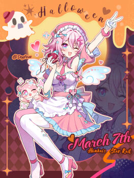 absurdres alternate_costume apple apron arm_up character_name copyright_name dress food fruit full_body gloves gou_lianlian_dogface hair_between_eyes half_gloves halloween high_heels highres holding holding_food holding_fruit honkai:_star_rail honkai_(series) looking_at_viewer march_7th_(honkai:_star_rail) medium_hair multicolored_eyes necktie one_eye_closed open_mouth pink_hair pink_shoes shoes short_sleeves sitting smile solo thighhighs two-tone_eyes v white_apron white_gloves white_thighhighs