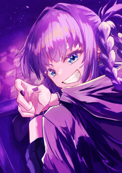 1girl absurdres blue_eyes highres looking_back medium_hair morisawa_mozu nanakusa_nazuna_(yofukashi_no_uta) night night_sky outdoors pink_hair purple_nails sharp_teeth sky solo teeth yofukashi_no_uta
