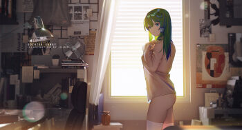 Rule 34 | 1girl, absurdres, alternate costume, aqua eyes, artist name, backlighting, book, book stack, bottomless, breasts, chair, character name, day, desk lamp, female focus, frog hair ornament, from side, glint, green hair, grey shirt, hair ornament, hair tubes, hand on own chest, highres, indoors, jar, kochiya sanae, lamp, lens flare, long hair, long sleeves, looking at viewer, looking to the side, medium breasts, naked shirt, no panties, note, open clothes, open shirt, paper, parted lips, plant, poster (object), potted plant, see-through clothes, see-through silhouette, shirt, solo, sunlight, table, thighhighs, touhou, white thighhighs, window, xtears kitsune