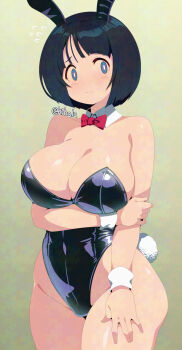 Rule 34 | 1girl, animal ear hairband, animal ears, arm under breasts, black hair, black leotard, blue eyes, bob cut, bow, bowtie, breasts, commentary request, detached collar, fake animal ears, gradient background, grey background, gundam, gundam gquuuuuux, hairband, hand on own thigh, highres, kihaiu, large breasts, leotard, looking at viewer, mature female, no sclera, playboy bunny, rabbit ears, rabbit tail, red bow, red bowtie, shiiko sugai, short hair, solo, standing, strapless, strapless leotard, tail, wrist cuffs