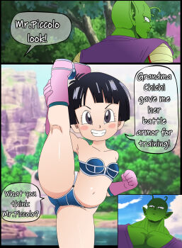1boy 1girl absurdres armor bare_legs bare_shoulders bikini bikini_armor black_hair blue_bikini blurry blurry_background blush_stickers boots breasts clenched_hand collarbone divine_wine_(vampiranhya) dragon_ball dragon_ball_super dragon_ball_super_super_hero english_text foot_out_of_frame gloves grey_hair grin hand_on_own_leg highres kneepits leg_up loli looking_at_viewer mountainous_horizon namekian navel outdoors pan_(dragon_ball) panels piccolo pink_footwear pink_gloves short_hair small_breasts smile solo_focus speech_bubble split standing standing_on_one_leg standing_split strapless strapless_bikini swimsuit teeth thighs