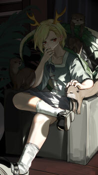 1girl absurdres antlers black_shoes blonde_hair blue_shirt blue_skirt closed_mouth collarbone commentary_request dragon_tail hand_up highres horns kicchou_yachie kourou_(kouroukun) otter pleated_skirt red_eyes shirt shoes short_hair short_sleeves sitting skirt socks solo tail touhou turtle_shell white_socks wide_sleeves yellow_horns