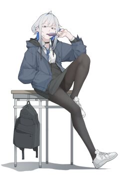1girl absurdres ahoge backpack bag bandage_on_face bandages black_bag black_choker black_pantyhose black_skirt blue_hair blue_jacket blue_necktie breasts choker collared_shirt commentary desk ear_piercing eating food full_body galbrena_(wuthering_waves) grey_hair hand_in_pocket high-waist_skirt highres holding holding_food holding_popsicle hood hood_down hooded_jacket jacket looking_at_viewer medium_hair necktie on_desk open_mouth pantyhose piercing popsicle purple_eyes rockkk123 school_desk school_uniform shirt shoes simple_background sitting skirt small_breasts solo thighband_pantyhose white_background white_shirt white_shoes wuthering_waves