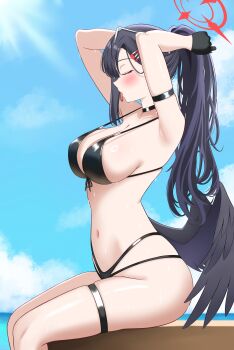 Rule 34 | 1girl, absurdres, adjusting hair, arm strap, bare shoulders, bikini, black bikini, black gloves, black hair, black wings, blue archive, blush, breasts, cleavage, closed eyes, collarbone, front-tie bikini top, front-tie top, gloves, groin, hair ornament, hairclip, halo, highres, ichika (blue archive), ichika (swimsuit) (blue archive), long hair, low wings, medium breasts, navel, onion fried20, ponytail, red halo, ring light reflection, rubber band, sideboob, sitting, solo, swimsuit, thigh strap, thighs, wings