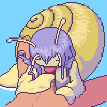 1boy 1girl akai_(ugokashitari) aliasing animated animated_gif antennae arthropod_girl blue_background blue_hair fellatio hetero lowres monster_girl nude oral penis pov purple_hair shell simple_background snail snail_girl uncensored