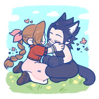 105zz 1boy 1girl :3 aerith_gainsborough animal_ears bangle bare_shoulders black_boots black_gloves black_pants black_shirt boots border bracelet braid braided_ponytail brown_boots chibi chibi_only closed_eyes dog_boy dog_ears dog_tail dress eyes_visible_through_hair final_fantasy final_fantasy_vii final_fantasy_vii_remake flower full_body gloves grass green_eyes hair_ribbon hair_slicked_back hands_on_another's_cheeks hands_on_another's_face jacket jewelry kemonomimi_mode kneeling long_dress long_hair looking_at_another outdoors pants parted_bangs pink_dress pink_flower pink_ribbon red_jacket ribbon shirt single_braid sitting sleeveless sleeveless_turtleneck smile tail turtleneck white_border zack_fair