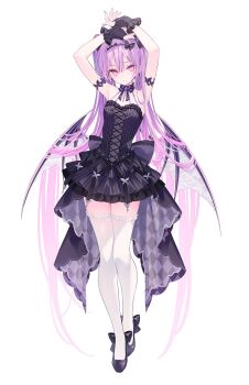 1girl absurdly_long_hair arms_up bat_wings black_dress black_gloves carneades dress eve_(rurudo) fingerless_gloves full_body gloves long_hair purple_eyes rurudo solo standing thighhighs twintails very_long_hair white_background white_thighhighs wings