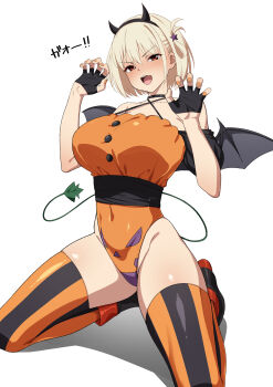 1girl absurdres alternate_costume bat_wings black_choker black_gloves blonde_hair blush breasts choker claw_pose demon_horns fake_horns fake_tail fingerless_gloves gloves groin halloween_costume hands_up highres horns kawaruhi kneeling large_breasts leotard looking_at_viewer lycoris_recoil nishikigi_chisato orange_leotard orange_nails orange_thighhighs red_eyes short_hair simple_background solo tail thighhighs thighs v-shaped_eyebrows white_background wings