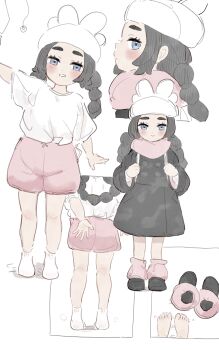 1girl absurdres ansha_(pokemon) barefoot black_coat black_hair black_shoes blue_eyes blush closed_mouth coat coin commentary_request eyelashes grin hat highres holed_coin hoshimira leg_warmers long_hair multiple_views nintendo pink_leg_warmers pink_scarf pink_shorts pokemon pokemon_legends:_z-a scarf shirt shoes short_sleeves shorts sideways_glance smile socks standing teeth toes white_hat white_shirt white_socks