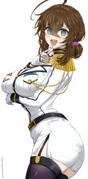 Rule 34 | 1girl, @ @, ahoge, arm under breasts, blush, breasts, brown hair, chamumi (mochiumee), epaulettes, female admiral (kancolle), finger to mouth, folded ponytail, garter belt, gloves, green eyes, hand on own hip, highres, jacket, kantai collection, looking at viewer, military jacket, miniskirt, mole, mole under mouth, open mouth, pencil skirt, simple background, skirt, smile, solo, thighhighs, white background, white gloves, white jacket