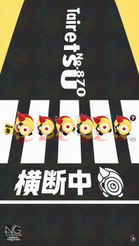 >_< ? blue_eyes crosswalk falinks flag gen_8_pokemon highres holding holding_flag marching meme_(sleepsheep) nintendo no_humans pokemon pokemon_(creature) pokemon_focus reflection speech_bubble sphere_body spoken_question_mark sweat walking