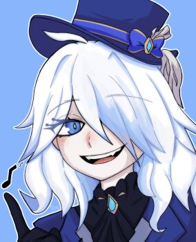 1girl :d aleleflen black_gloves blue_background blue_eyes blue_hat furina_(genshin_impact) genshin_impact gloves hat highres index_finger_raised looking_at_viewer medium_hair musical_note open_mouth portrait smile solo top_hat white_hair