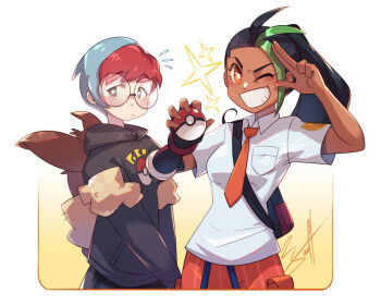 Rule 34 | 2girls, backpack, bag, black hair, blue hair, blush, breast pocket, breasts, bright pupils, character bag, cheesecakes by lynx, closed mouth, collared shirt, commentary, dark-skinned female, dark skin, eevee backpack, english commentary, eyelashes, flying sweatdrops, freckles, glasses, green hair, grey eyes, grey hoodie, grin, heart, heart-shaped pupils, holding, holding poke ball, hood, hood down, hoodie, long hair, long sleeves, multicolored hair, multiple girls, naranja academy school uniform, nemona (pokemon), nintendo, one eye closed, orange eyes, penny (pokemon), pocket, poke ball, poke ball (basic), poke ball print, pokemon, pokemon sv, ponytail, red hair, round eyewear, salute, school uniform, shirt, short hair, short sleeves, signature, smile, symbol-shaped pupils, teeth, two-finger salute, two-tone hair, very short hair, white background, white pupils, white shirt