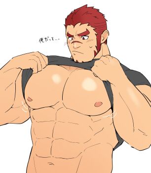 1boy abs akashi_(live_a_hero) bara bare_pectorals black_shirt blush bouncing_pecs clothes_lift facial_hair goatee highres kansuke_(kansuke_717) large_pectorals lifting_own_clothes live_a_hero long_sideburns looking_at_pectorals male_focus motion_lines muscular muscular_male navel nipples pectoral_focus pectorals red_hair scar scar_on_face scar_on_nose shirt shirt_lift short_hair sideburns solo thick_eyebrows translation_request upper_body