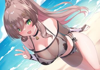 1girl absurdres ahoge animal_print beach bell bikini black_choker blue_sky brown_hair choker commentary cow_print cow_print_bikini dutch_angle english_commentary fang feet_out_of_frame fingernails fortissimo green_eyes hair_ornament highres indie_virtual_youtuber light_blush long_hair looking_at_viewer maru.selinn miori_celesta mole musical_note musical_note_hair_ornament neck_bell ocean off-shoulder_shirt off_shoulder open_mouth outdoors ponytail print_bikini see-through_clothes see-through_shirt see-through_skirt shirt skin_fang skirt sky smile solo swimsuit treble_clef twitter_username very_long_hair virtual_youtuber w