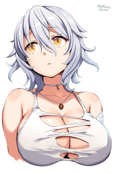 2024 artist_name bare_shoulders belko breasts cleavage code_vein collarbone dated female_focus grey_hair hair_between_eyes highres io_(code_vein) jewelry large_breasts necklace parted_lips short_hair sidelocks solo twitter_username yellow_eyes