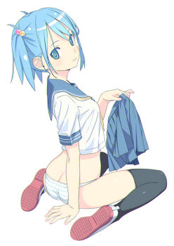 1girl ass black_thighhighs blue_hair blue_sailor_collar blue_skirt butt_crack closed_mouth from_behind green_eyes holding holding_unworn_clothes holding_unworn_skirt koutaro neckerchief original panties sailor_collar school_uniform serafuku shoes short_sleeves simple_background sitting skirt smile solo striped_clothes striped_panties summer_uniform thighhighs underwear unworn_skirt uwabaki white_background yellow_neckerchief