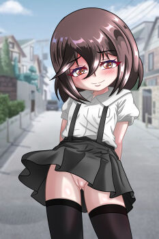 1girl arms_behind_back black_skirt black_thighhighs blush breast_pocket brown_eyes brown_hair bush car chapio cloud exhibitionism flat_chest house loli looking_at_viewer motor_vehicle no_panties original pavement pocket power_lines public_indecency puffy_sleeves pussy road rui_(chapio) school_uniform shirt short_hair short_sleeves skirt sky smile standing suspender_skirt suspenders thighhighs white_shirt wind wind_lift