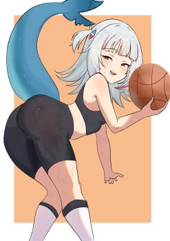 1girl absurdres ass bad_tag ball basketball_(object) bike_shorts breasts cameltoe female_focus fish_tail gawr_gura hair_ornament highres hololive hololive_english loli long_hair red_eyes s714488 shark_girl shark_hair_ornament shark_tail short_twintails shorts small_breasts socks solo sports_bra sweat tail thighs twintails virtual_youtuber