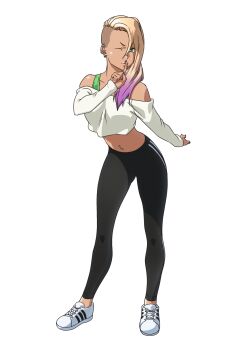 1girl antonio_malara asymmetrical_hair bare_shoulders black_pants blonde_hair colored_tips commentary commission crop_top ear_piercing earrings eyelashes finger_to_mouth fingernails full_body green_eyes highres index_finger_raised jewelry long_hair long_sleeves midriff multicolored_hair nail_polish navel navel_piercing one_eye_closed original pants piercing purple_hair purple_nails shirt shoes shushing sidecut simple_background solo standing undercut white_background white_shirt white_shoes