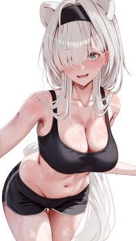 1girl absurdres animal_ears arknights aurora_(arknights) bear_ears bear_girl bear_tail black_shorts black_sports_bra blue_eyes blush breasts cleavage collarbone commentary_request dolphin_shorts extra_ears hair_over_one_eye highres large_breasts long_hair looking_at_viewer nose_blush open_mouth short_shorts shorts simple_background smile solo sonna_watashi sports_bra sweat tail thighs white_background white_hair
