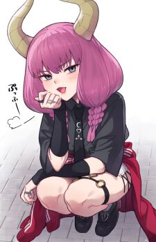 1girl arm_warmers aura_(sousou_no_frieren) black_arm_warmers black_necktie black_shirt black_shoes blush braid casual clothes_around_waist collared_shirt commentary contemporary cross-laced_clothes cross-laced_skirt demon_girl demon_horns elbow_rest eyelashes garter_straps grey_eyes hand_on_own_face head_rest heart heart_o-ring highres horns jacket jacket_around_waist jewelry long_hair looking_at_viewer looking_up low-braided_long_hair low-tied_long_hair miniskirt mitsurugi_sugar multiple_braids necktie o-ring o-ring_garter_straps o-ring_thigh_strap open_mouth puff_of_air purple_hair quad_braids red_jacket ring shirt shoes single_garter_strap skirt smile solo sousou_no_frieren squatting stone_floor thigh_strap tiptoes track_jacket v-shaped_eyebrows variant_set white_background white_skirt