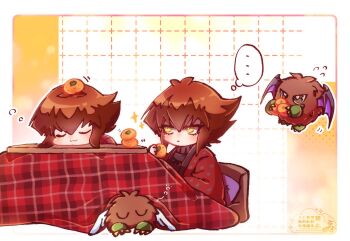 angel_wings brown_hair commentary_request darkuriboh demon_wings dual_persona duel_monster flying food fruit highres kotatsu orange_(fruit) sleeping supreme_king_(yu-gi-oh!_gx) table winged_kuriboh wings y_mykt_y yellow_eyes yu-gi-oh! yu-gi-oh!_gx yuki_judai