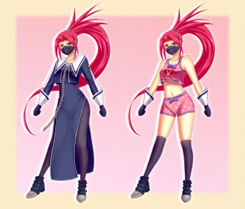 Rule 34 | 1girl, animal print, armpits, arms at sides, artist request, black bodysuit, black footwear, black gloves, black mask, blush, bodysuit, boots, bow, bow camisole, bow panties, boyshort panties, breasts, camisole, capcom, chain, character name, reference sheet, clenched hands, unworn clothes, collarbone, delinquent, embarrassed, eyelashes, female focus, full body, gloves, heart, heart print, high ponytail, highres, zaki (justice gakuen), justice gakuen, legs, long hair, mask, medium breasts, midriff, moero! justice gakuen, multiple views, name tag, navel, neck, panties, parted bangs, pink boyshorts, pink camisole, ponytail, rabbit print, red hair, ribbon camisole, bow panties, sailor collar, shiritsu justice gakuen, sidelocks, simple background, skin tight, spiked hair, standing, tag, thighs, underwear, underwear only, very long hair