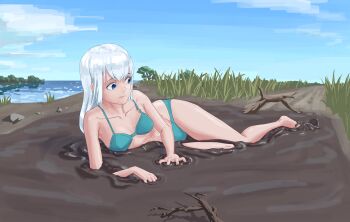 1girl bare_legs blue_eyes blue_sky bra branch breasts cloud cloudy_sky fallen_down grass highres imwyp53 lake landscape looking_back lying mud on_side original outdoors path plant quicksand road sidelocks sky small_breasts stuck tripping underwear water white_hair