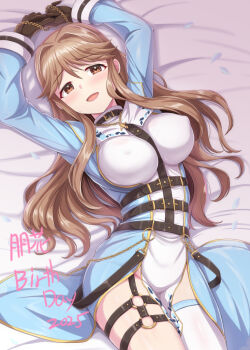 1girl arms_up belt black_belt blue_dress blush breasts brown_eyes brown_gloves brown_hair covered_erect_nipples dan_(orange_train) dated dress garter_straps gloves idolmaster idolmaster_million_live! idolmaster_million_live!_theater_days large_breasts long_hair looking_at_viewer no_panties open_mouth single_thighhigh smile solo tenkuubashi_tomoka thigh_strap thighhighs two-tone_dress white_dress white_thighhighs