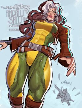 1boy 1girl andalusialu belt bodysuit breasts brown_hair colored_bangs gambit green_bodysuit headband husband_and_wife jacket large_breasts long_hair marvel marvel_rivals multicolored_bodysuit multicolored_hair rogue_(x-men) smile superhero_costume two-tone_hair white_hair x-men yellow_bodysuit