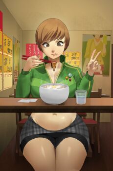 Rule 34 | 1girl, alternate body size, badge, belly, bike shorts, bike shorts under skirt, black shorts, bob cut, breasts, brown eyes, brown hair, button badge, chair, chewing, chopsticks, cleavage, crop top, cup, eating, egg (food), food, furrowed brow, green jacket, grey skirt, hands up, highres, holding, holding chopsticks, indoors, jacket, large breasts, leoquezadilla, navel, noodles, on chair, persona, persona 4, plump, satonaka chie, school uniform, short hair, shorts, sitting, skirt, steam, table, tomboy, track jacket, v, yasogami school uniform