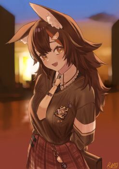 1girl :d animal_ear_fluff animal_ears arms_behind_back bag black_hair black_shirt blue_sky blurry blurry_background bokeh breasts briefcase brown_bag brown_sweater cable_knit charm_(object) collar collared_shirt commentary_request contrast_collar depth_of_field double-parted_bangs droopy_ears dusk emblem fang film_grain fluffy_hair frilled_collar frills hair_ornament hairclip head_tilt highres holding holding_bag hololive knit_sweater leaning_forward long_hair long_sleeves looking_at_viewer medium_breasts multicolored_hair nattoushouyu3 necktie ookami_mio ookami_mio_(10th_costume) open_mouth paw_print plaid_clothes plaid_skirt pleated_skirt red_skirt red_streaks school_bag school_briefcase school_emblem shirt short_necktie signature skirt sky smile solo sun sunset sweater sweater_tucked_in tie_clip two-tone_hair upper_body v-neck virtual_youtuber warm_colored white_collar white_necktie wing_collar wolf_ears wolf_girl yellow_eyes yellow_sky