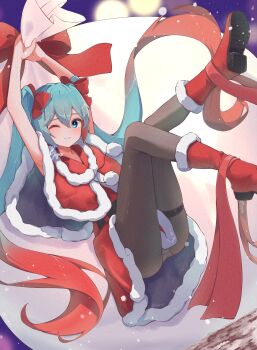 Rule 34 | 1girl, absurdly long hair, absurdres, aqua eyes, aqua hair, arms up, black pantyhose, boots, bow, capelet, christmas, closed mouth, commentary request, dress, fur-trimmed boots, fur-trimmed capelet, fur-trimmed dress, fur trim, gradient hair, hair between eyes, hair bow, hair ornament, hatsune miku, highres, holding, holding sack, long hair, looking at viewer, multicolored hair, one eye closed, pantyhose, pom pom (clothes), red boots, red bow, red capelet, red dress, red hair, sack, sleeveless, sleeveless dress, solo, soyose, thigh strap, twintails, very long hair, vocaloid