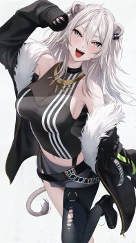 1girl :d absurdres ahoge animal_ear_piercing animal_ears arm_up black_boots black_jacket black_pantyhose black_shirt boots breasts commentary double-parted_bangs fur-trimmed_jacket fur_trim grey_eyes grey_hair grey_skirt hair_between_eyes high_heel_boots high_heels highres hololive jacket large_breasts lion_ears lion_girl lion_tail long_hair long_sidelocks looking_at_viewer messy_hair midriff miniskirt navel o-ring o-ring_thigh_strap open_mouth pantyhose see-through_cleavage see-through_clothes shirt shishiro_botan shishiro_botan_(1st_costume) sidelocks simple_background single_leg_pantyhose skin_tight skirt sleeveless sleeveless_shirt smile solo tail thigh_strap torn_clothes torn_pantyhose two_side_up untranslatable_commentary virtual_youtuber wanne white_background zipper_skirt